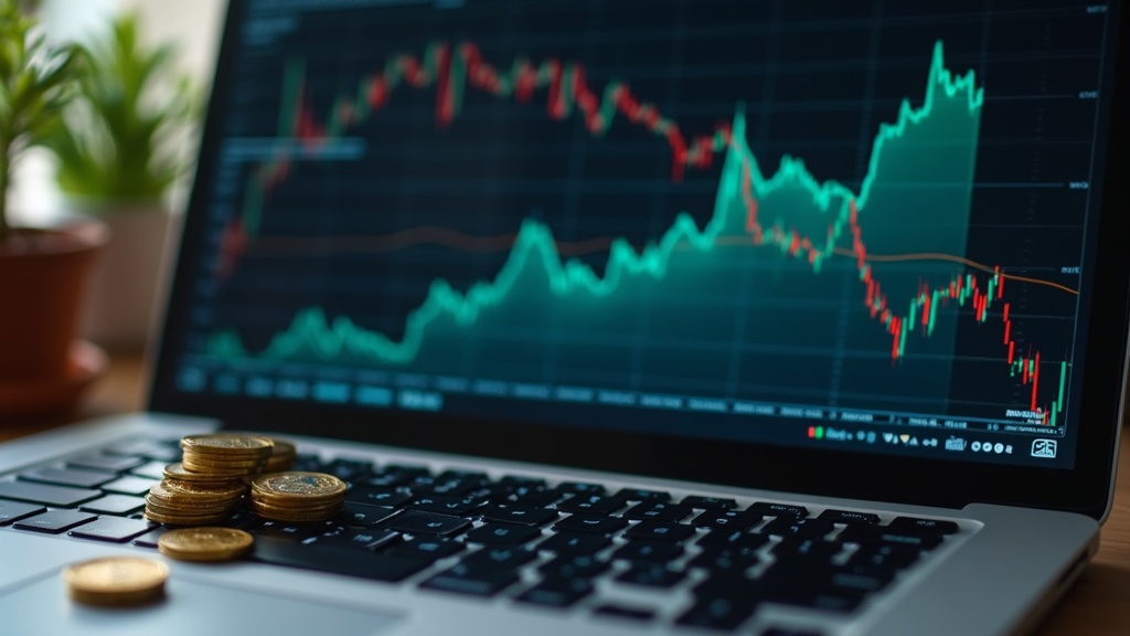 Stacks of coins, digital charts, and a laptop symbolizing online wealth creation