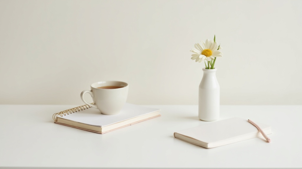 A calm, minimalist scene symbolizing small victories, such as a cup of tea on a neatly arranged desk beside a notebook with a single flower in a vase