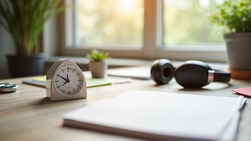 A desk with various concentration tools, notebooks, earplugs, digital apps, and plants, cast in soft natural light. - TorieBuilds