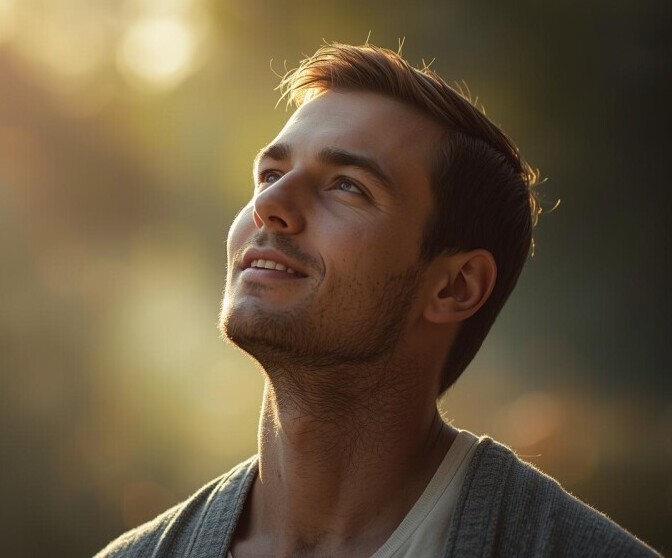 Man looking upward with a peaceful smile in warm golden sunlight, representing hope. - TorieBuilds