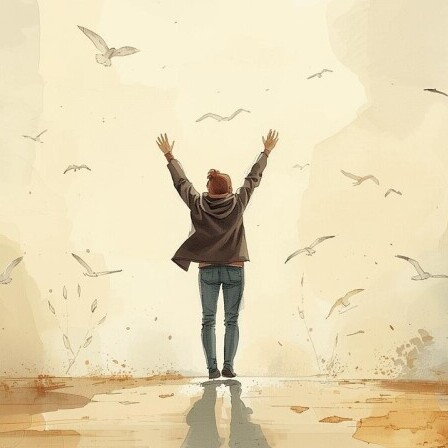 Person standing in water with arms raised toward the sky surrounded by seagulls, symbolizing freedom. - TorieBuilds