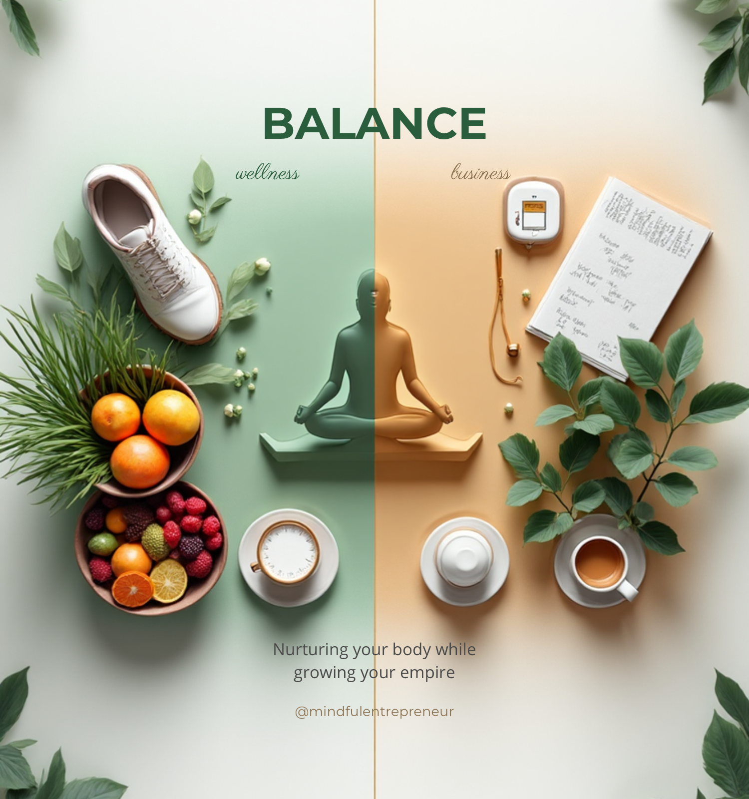 Balanced wellness and business image featuring fruit, tea, fitness shoes, a planner, and a meditation figure, illustrating self-care routines for busy entrepreneurs and healthy productivity.