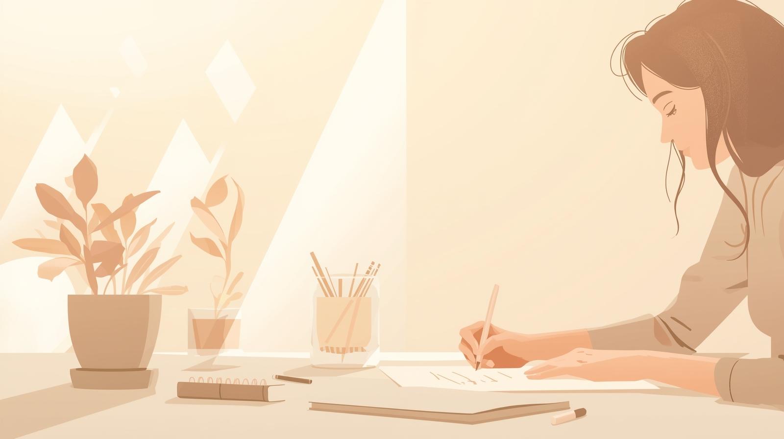 “Woman writing at a warm, minimalist desk with soft natural light, capturing the feeling you get after creating something new.”