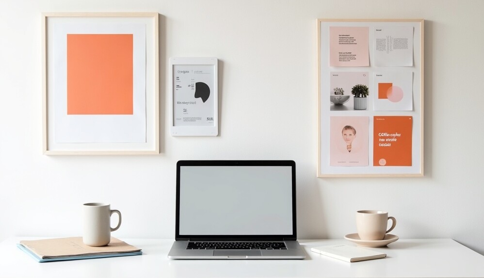 A sleek workspace with a laptop, coffee cup, and vibrant brand mood board featuring colors, shapes, and symbols.