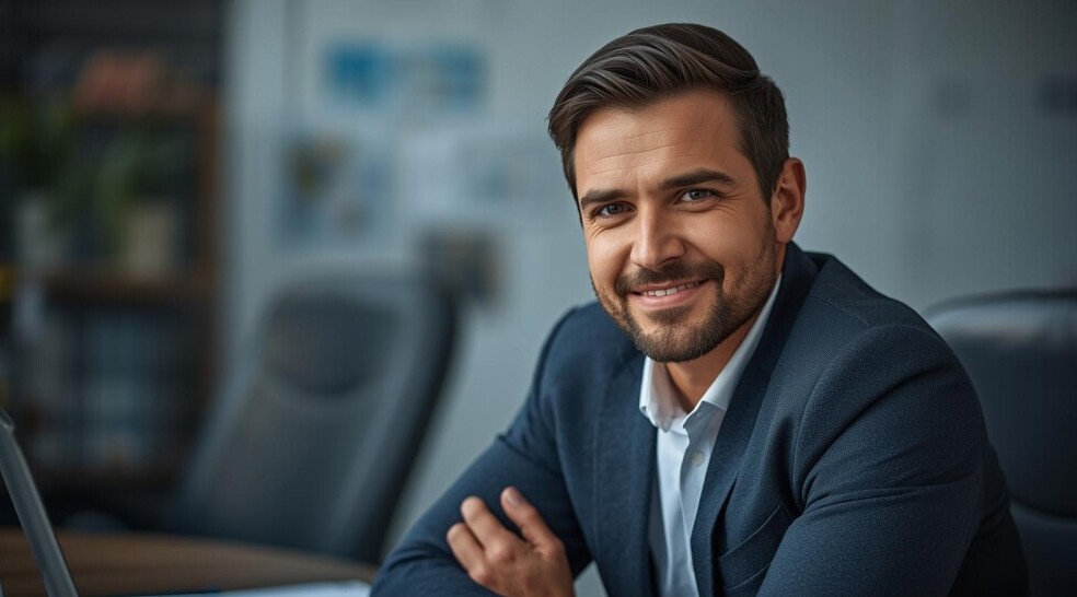 Confident young entrepreneur smiling in modern office, symbolizing a positive mindset and business growth.