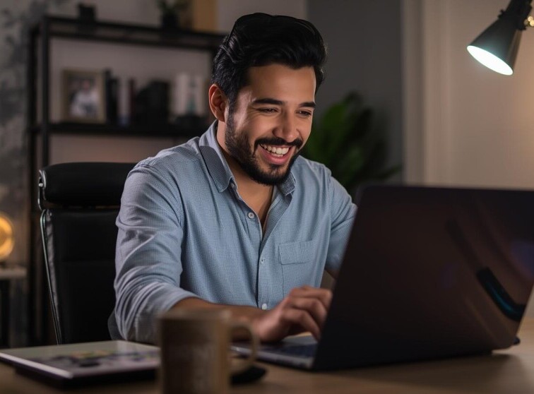 Entrepreneur smiling while working on a laptop in a cozy home office setting.