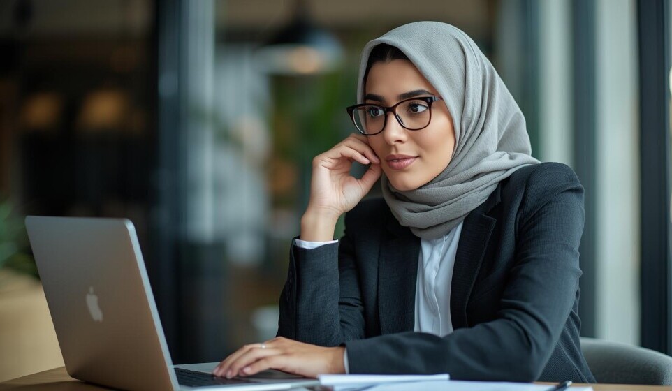 Focused businesswoman wearing glasses and a hijab working on a laptop in a modern office setting, representing professionalism and personal branding.