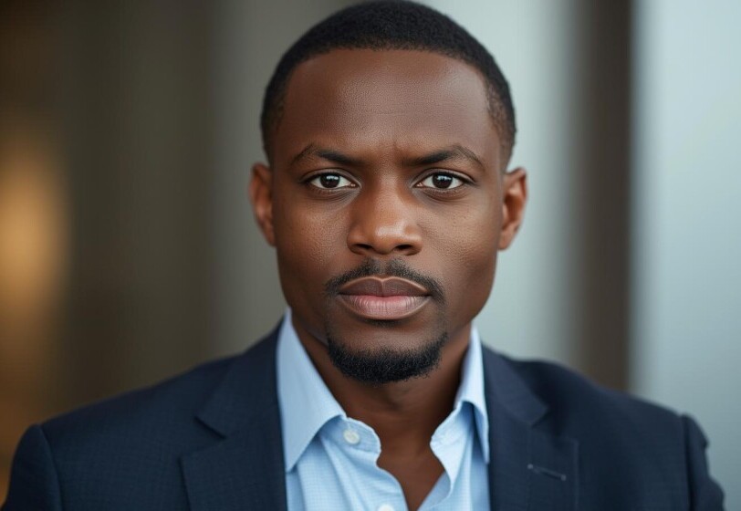 Focused entrepreneur in a blue suit showing determination and confidence while developing a strong business mindset.