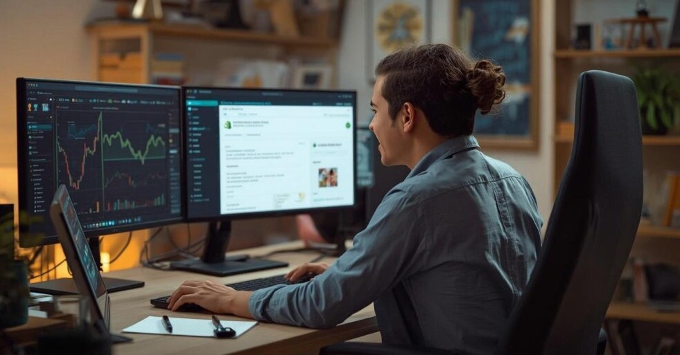 Home office workspace with person studying online data, graphs, and digital business tools.