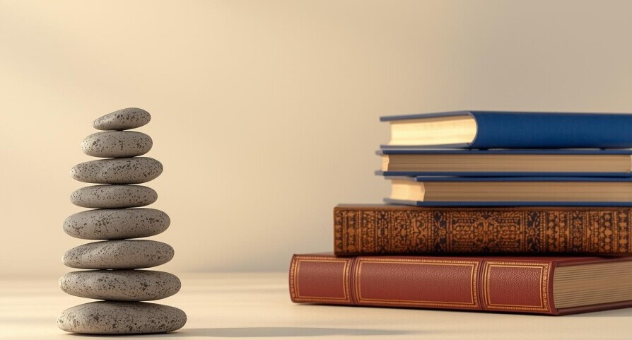 Stacked stones beside a pile of books symbolizing balance, growth, and the layered process of mastery stacking in personal development.
