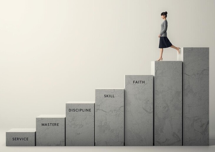 Woman walking up ascending steps labeled service, mastery, discipline, skill, and faith, symbolizing Myron Golden's mastery stacking concept and progressive personal growth.